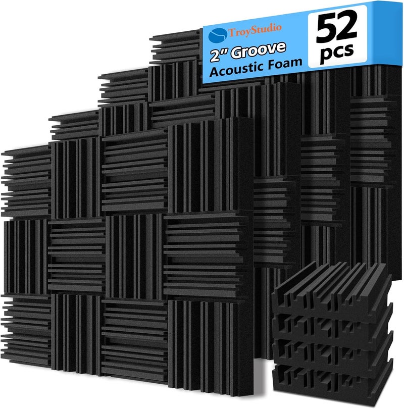 TroyStudio Thick Acoustic Foam Panels, 12 X 12 X 2 Inch 52 Pcs Broadband Sound Absorbing Foam, Dense Soundproof Padding Tile, Recording Studio Foam Absorber, Groove Decorative 3D Wall Ceiling Panel - Image 1
